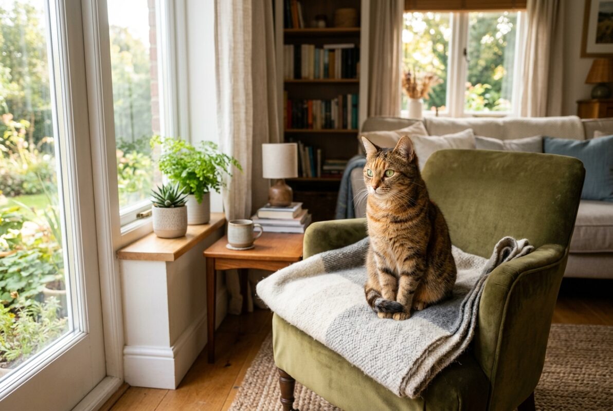 Un gatto tenero seduto vicino alla finestra, un esempio dal mondo dei gatti.